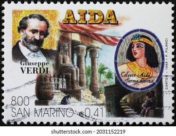 Milan, Italy - July 27, 2021: Giuseppe Verdi  And His Opera Aida On Stamp