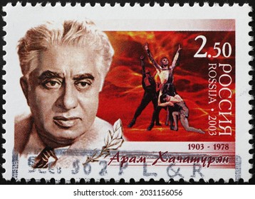 Milan, Italy - July 27, 2021: Portrait Of Aram Khachaturian On Postage Stamp