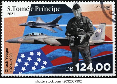 Milan, Italy - July 27, 2021: American Flying Ace Chuck Yeager On Postage Stamp