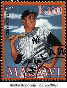 Milan, Italy - July 27, 2021: Baseball Player Mickey Mantle On Postage Stamp