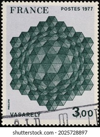 Milan, Italy - July 27, 2021:Painting by Vasarely on postage stamp