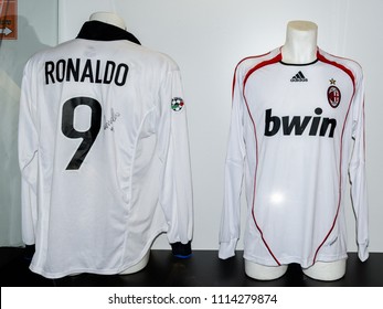 MILAN, ITALY - JUNE 11, 2018: Ronaldo (Brazil) Number 9 Inter And AC Milan Shirt, San Siro Stadium Museum, Opened In 1925