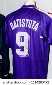 MILAN, ITALY - JUNE 11, 2018: Gabriel Batistuta (Argentina), Number 9, Fiorentina Shirt, San Siro Stadium Museum, Opened In 1925