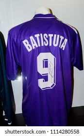 MILAN, ITALY - JUNE 11, 2018: Gabriel Batistuta (Argentina), Number 9, Fiorentina Shirt, San Siro Stadium Museum, Opened In 1925