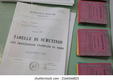 Milan, Italy - June 12, 2022: Italian Election Day Of June 12, 2022, Five Italian Referendums On The Judicial System. Milan, Italy - June 12, 2022: Italian Election Day Of June 12, 2022, Five Italian 