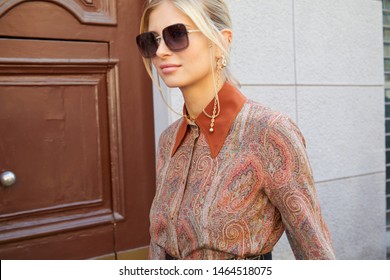 MILAN, ITALY - JUNE 16, 2019: Xenia Adonts Before Etro Fashion Show, Milan Fashion Week Street Style 