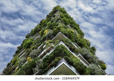 Milan, Italy - June 26, 2022: Below View of Sustainable Vertical Forest Building. Bosco Verticale Architecture in Lombardy.