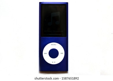 MILAN, ITALY – June 4, 2019: Blue Apple IPod Nano 8Gb Music Player Isolated On White Background
