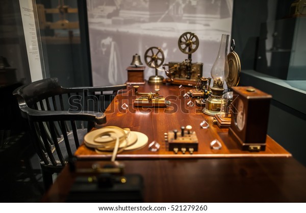 MILAN,\
ITALY - JUNE 9, 2016: workplace of telegraph operator at the\
Science and Technology Museum Leonardo da\
Vinci