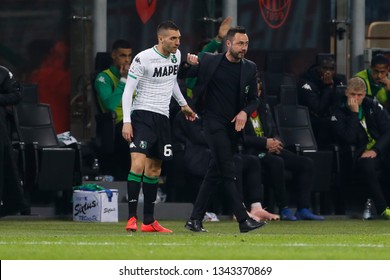 Milan, Italy. March 02, 2019. Campionato Italiano Di Serie A. Milan - Sassuolo 1-0. Mehdi Bourabia And Roberto De Zerbi, Manager Sassuolo.