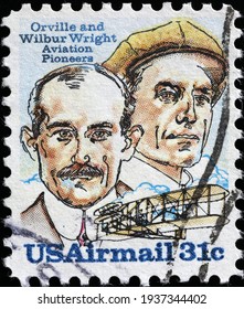 Milan, Italy  - March 10, 2021: Orville And Wilbur Wright On American Stamp