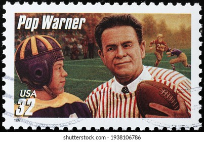 Milan, Italy  - March 10, 2021: College Football Coach Pop Warner On American Stamp