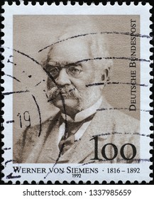 Milan, Italy – March 13, 2019: Werner Von Siemens On German Postage Stamp
