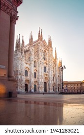 Milan, Italy - March 2021: Milan Cathedral (Duomo Di Milano) With Empty Square Due To Coronavirus Lockdown (red Zone)