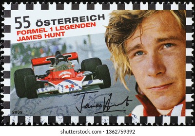 Milan, Italy – March 21, 2019: Racing Driver James Hunt On Postage Stamp