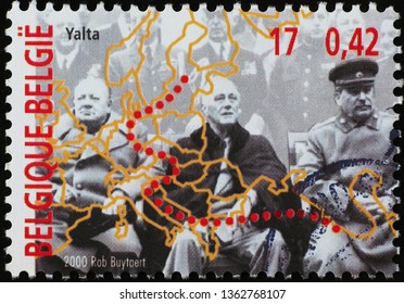 Milan, Italy – March 21, 2019: Remembrance Of Yalta Conference On Postage Stamp