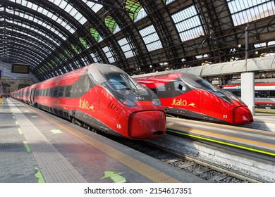 Milan, Italy - March 22, 2022: Italo ETR 675 Pendolino high-speed trains of Nuovo Trasporto Viaggiatori NTV in Milano Centrale railway station in Milan, Italy.