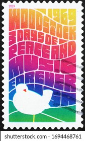 Milan, Italy - March 26, 2020: Celebration Of Woodstock Music Festival On American Postage Stamp