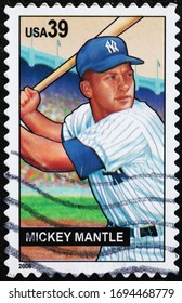 Milan, Italy - March 26, 2020: Baseball Legend Mickey Mantle On American Stamp