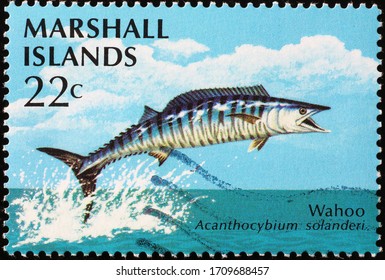 Milan, Italy - March 26, 2020: Wahoo on postage stamp of Marshall Islands