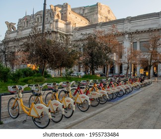 Milan Italy March 29 2021: City Bike Sharing At Milan Central Railway Station