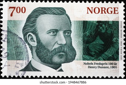 Milan, Italy  - March 30, 2021: Nobel Prize Henry Dunant On Norwegian Postage Stamp