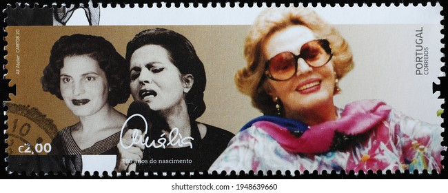 Milan, Italy  - March 30, 2021: Amália Rodrigues On Portuguese Postage Stamp