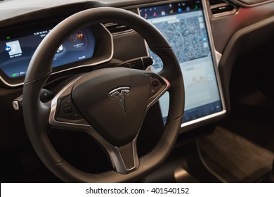 MILAN, ITALY - MARCH 31, 2016: Interior of Tesla Model S 90D car. Tesla Motors  is an American company that designs, manufactures, and sells cutting edge electric cars.