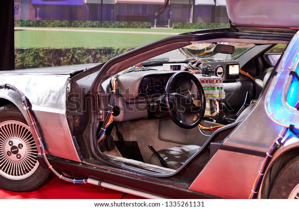 Milan, Italy - March 8 2019\
Cartoomics Comic Con a Replica of Back to the Future Car movies on\
display