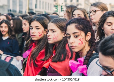 MILAN, ITALY - MARCH 8: Secondary school students take part in a march to celebrate the International Wome's Day on MARCH 8, 2018 in Milan. - Shutterstock ID 1043014819