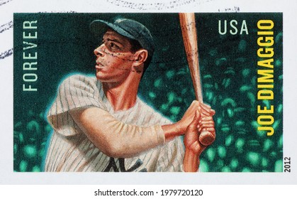 Milan, Italy - May 08, 2021: Baseball Player Joe Dimaggio On American Postage Stamp