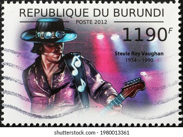 Milan, Italy - May 08, 2021: Stevie Ray Vaughan In Concert On Postage Stamp