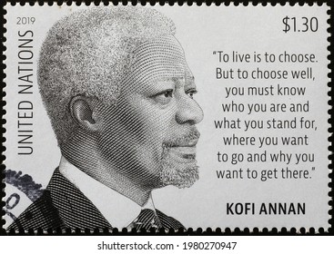 Milan, Italy - May 08, 2021: Kofi Annan On Postage Stamp Of United Nations