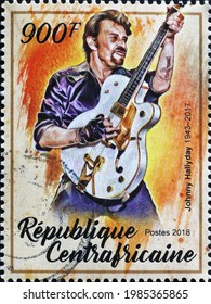 Milan, Italy - May 08, 2021: Johnny Hallyday In Concert On Postage Stamp