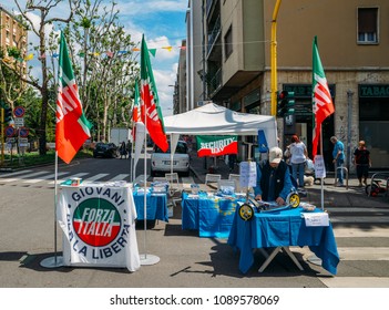 Milan, Italy - May 13th, 2018: Election Stand On Street In Support Of Forza Italia Political Party Led By Silvio Berlusconi In The Italian 2018 General Elections