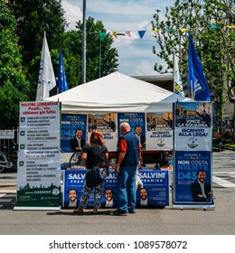 Milan, Italy - May 13th, 2018: Election Stand On Street In Support Of Lega Nord Political Party Led By Salvini's In The Italian 2018 General Elections