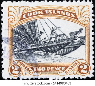 Milan, Italy - May 17, 2019: Ancient Polynesian Boat On Vintage Stamp Of Cook Islands