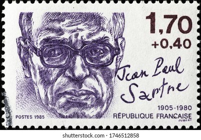 Milan, Italy - May 20, 2020: Portrait Of Jean Paul Sartre On French Postage Stamp