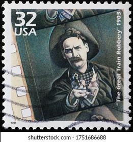 Milan, Italy - May 20, 2020: Movie The Great Train Robbery Of 1903 Celebrated On American Stamp