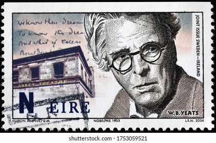 Milan, Italy - May 20, 2020: William Butler Yeats On Irish Postage Stamp