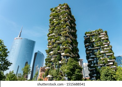 MILAN, ITALY - MAY 31, 2019: Bosco Verticale Or Vertical Forest Are A Pair Of Residential Towers In Milan. The Buildings Contain More Than 900 Trees, 5000 Shrubs and 11000 Floral Plants.