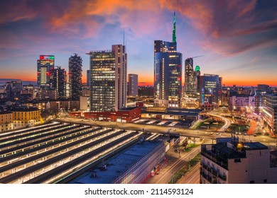 Milan, Italy with modern high rises in Porta Nuova at twilight.