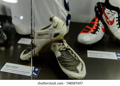 MILAN, ITALY - NOV 3, 2017: Wesley Sneijder Shoes, San Siro Stadium Museum, Opened In 1925