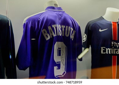 MILAN, ITALY - NOV 3, 2017: Gabriel Batistuta Fiorentina shirt, San Siro stadium museum, opened in 1925