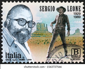 Milan, Italy - November 09, 2019: Portrait Of Italian Film Maker Sergio Leone On Stamp