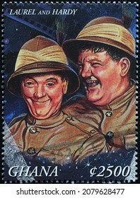 Milan, Italy - November 10, 2021: Stan Laurel And Oliver Hardy Portrait On Stamp