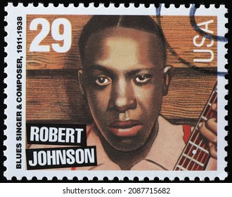 Milan, Italy - November 10, 2021: Robert Johnson On American Postage Stamp