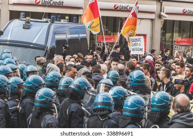 MILAN, ITALY - NOVEMBER 13: Students Confront Police During A March In The City Streets To Protest Agaist The Public School Management On NOVEMBER 13, 2015 In Milan.