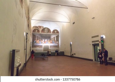 Milan, Italy - November 15, 2016: refectory of church Santa Maria Delle Grazie in Milan in Italy, hosting The Last Supper masterpiece of late 1490s, after restoration. left side point of view.