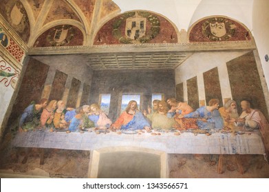 Milan, Italy - November 15, 2016: Last Supper Painting. Jesus And 12 Apostles. Bartholomew, Young James, Andrew, Judas Iscariot, Peter, John, Thomas, James, Philip, Matthew, Thaddaeus, Simon.